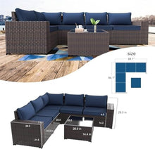 HTERWQEA 6‑Piece Dark Blue Rattan Patio Furniture Set, All-Weather Sectional Sofa with Cushions, Outdoor Conversation Set, Wicker Sofa for Garden, Porch, Backyard