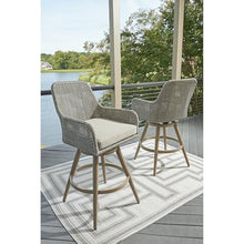 Signature Design by Ashley Seton Creek Weather Resistant Resin Wicker Swivel Outdoor Bar Stools with Cushion, Set of 2 Beige & Light Gray
