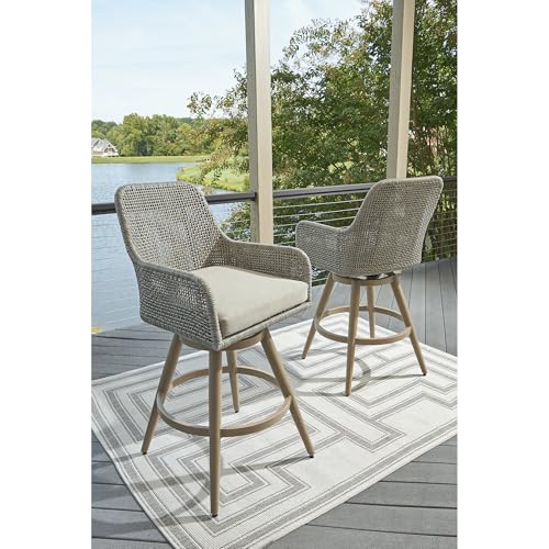 Signature Design by Ashley Seton Creek Weather Resistant Resin Wicker Swivel Outdoor Bar Stools with Cushion, Set of 2 Beige & Light Gray