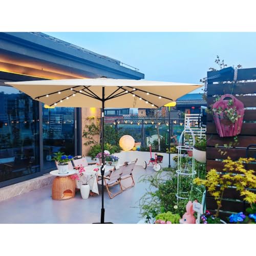 Square 2.5X2.5M Outdoor Patio Umbrella Solar Powered LED Lighted Sun Shade Market Waterproof 8 Ribs with Crank and Cross Base for Garden Deck Backyard Outside Swimming Pool