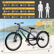 NAIZEA Adult Mountain Tricycle 7 Speed Three Wheel Cruiser Bike 24/26/27.5 Inch Trikes with Shopping Basket Black Blue Green