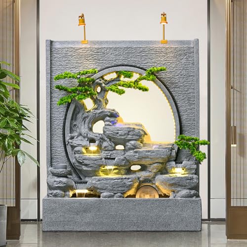 6.6ft Gray Elegant Zen Rockery Fountain with LED Lights - Durable Cement Concrete Waterfall Fountain for Indoor & Outdoor Spaces Housewarming Gift,Garden,Patio,Office,Home Decoration (5002)(5003)
