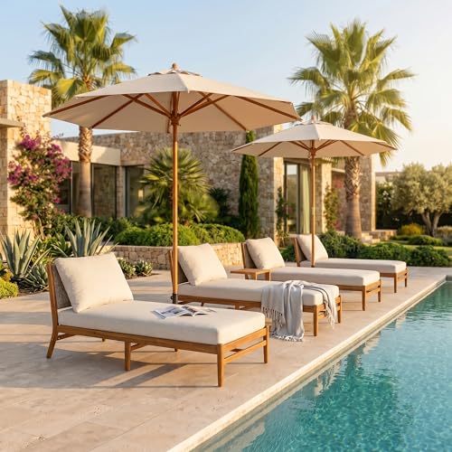 Christopher Knight Home Joey Set of 4 Acacia Wood Chaise Lounge Chair Outdoor with Cushions, Outdoor Recliner Chairs with Hand-Woven Backrest, Pool Loungers for Patio Poolside Backyard, Teak+Beige
