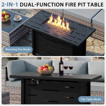 Shintenchi 6 Piece Outdoor Patio Furniture Set with 43 Inch Propane Fire Pit, Washable Cushions, Glass Coffee Table, Waterproof Cover & CSA Certified for Backyard Poolside, Brown PE Rattan/Gray