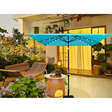 Square 2.5X2.5M Outdoor Patio Umbrella Solar Powered LED Lighted Sun Shade Market Waterproof 8 Ribs with Crank and Cross Base for Garden Deck Backyard Outside Swimming Pool