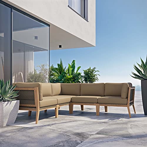 Modway Clearwater Outdoor Patio Teak Wood 5-Piece Sectional Sofa in Gray Light Brown