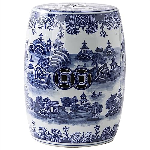 Ceramic Drum Table,Ceramic Drum Stool,Decorative Ceramic Garden Stool, Glazed Hollow Landscape Celadon Shoe-Changing Stool Drum Stool, Suitable for Outdoor