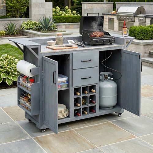 Merax 60.2''W Outdoor Kitchen Island with Wheels, Rolling Patio BBQ Kitchen Cart with Stainless Steel Top, Wood Grill Cart with Spice Rack&Wine Rack,2 Drawers,Gray