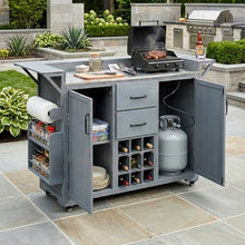 Merax 60.2''W Outdoor Kitchen Island with Wheels, Rolling Patio BBQ Kitchen Cart with Stainless Steel Top, Wood Grill Cart with Spice Rack&Wine Rack,2 Drawers,Gray