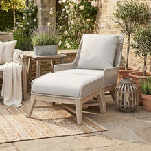 Outdoor Escape White Outdoor Footstool with Solid Teak Base, Intricate Rope Weave, Removable Cushion with Straps for Patio or Deck