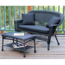 Jeco Wicker Patio Love Seat and Coffee Table Set Black