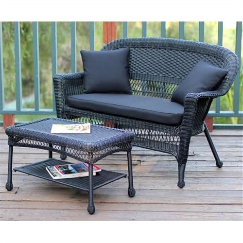 Jeco Wicker Patio Love Seat and Coffee Table Set Black