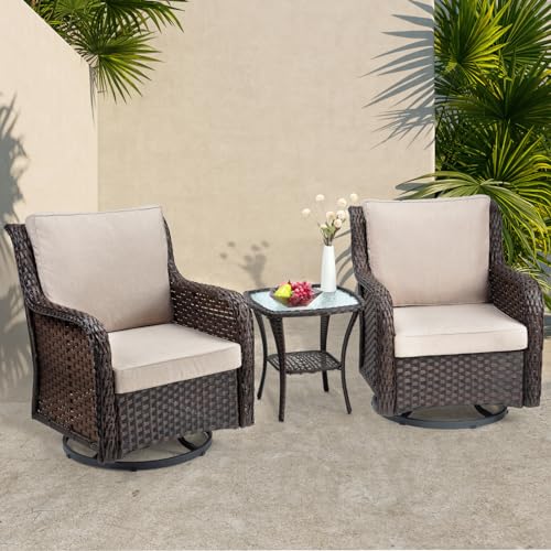 Towallmark Outdoor Swivel Wicker Glider Patio Chairs with Table Set, 3 Pieces Outdoor Bistro Set with 4”Thick Cushions and Coffee Table for Porch, Balcony, Deck (Beige)
