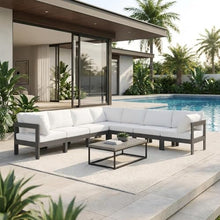 Outdoor Escape White Fabric Outdoor Patio Modular Sectional, Weatherproof Cushions, Spacious Seating, Durable Frame, Contemporary Style