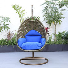 LeisureMod Wicker Rattan Hanging Egg Swing Chair with Stand & Cushion - Blue Swing Chair for Indoor/Outdoor, Patio, Bedroom, Lounge Seat