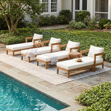 Christopher Knight Home Oida Acacia Wood Chaise Lounge Chair Outdoor Set of 4 with Coffee Table, Set of 4 Patio Chaise Lounge with Cushion, Outdoor Sun Lounger with Side Table Set, Teak+Beige
