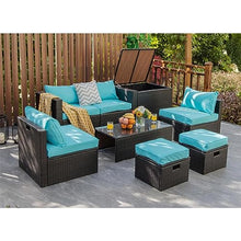 8PCS Patio Rattan Furniture Set Space-Saving Storage Cushion Turquoise