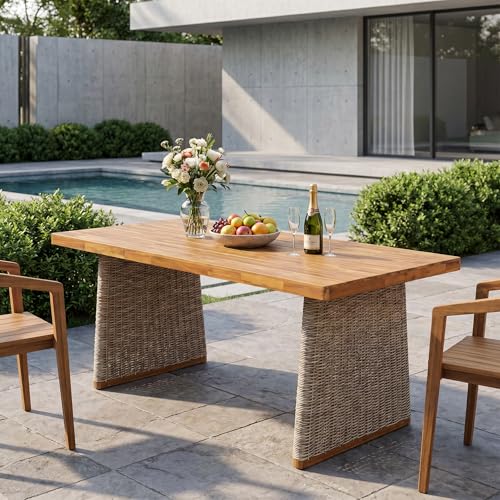 Christopher Knight Home Shuri Patio Acacia Wood Dining Table, Slatted Tabletop Outdoor Side Table with Handwoven Rattan Legs, Rectangular Outdoor Dining Table for Backyard/Garden, Brown + Teak