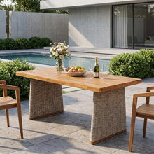 Christopher Knight Home Shuri Patio Acacia Wood Dining Table, Slatted Tabletop Outdoor Side Table with Handwoven Rattan Legs, Rectangular Outdoor Dining Table for Backyard/Garden, Brown + Teak