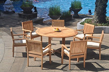 WholesaleTeak 8 Seats 9 Pcs Grade-A Teak Wood Dining Set: 60" Round Table and 8 Leveb Stacking Arm Chairs #WHDSLV25