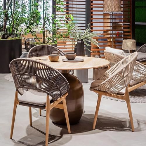 TBJEN Tables and Chairs, Solid Teak Wood Outdoor Patio Open-air Balcony Leisure Garden Trendy Creative Rattan Chairs(6)