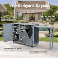 Merax 78.3" Outdoor Kitchen Island with Foldable Grill Table, Wooden Outdoor Grill Cart with Trash Can Storage & Stainless Steel Top, Outdoor Bar Cart, Pizza Oven Table for Lawn & Garden, Dark Brown