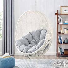Modway Hide Wicker Rattan Sunbrella® Outdoor Patio Porch Lounge Egg Swing Chair Set with Stand in White Gray