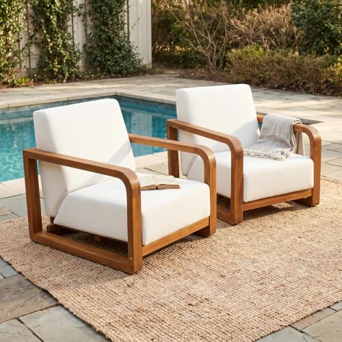 Christopher Knight Home Rina Modern Patio Accent Chairs Set of 2, Acacia Wood Club Chairs with Thick Removable Cushion, Oversized Deep Seat Armchairs for Backyard, Lounge Chair Outdoor, Teak+Beige