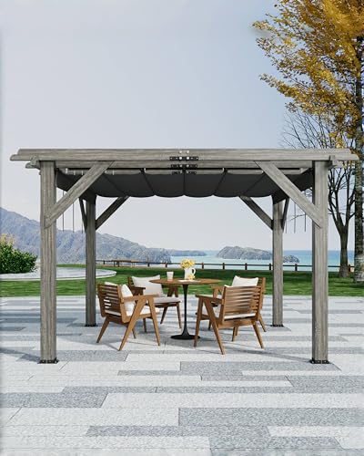 DEXSO 10' x 12' Cedar Wood Pergola with Retractable Shade Canopy Charcoal Gray