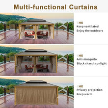 12x18ft Hardtop Gazebo, Wooden Finish Coated Aluminum Frame Canopy with Galvanized Steel Double Roof, Outdoor Permanent Metal Pavilion with Curtains & Netting for Garden, Brown (Wooden 12x18 Ft)