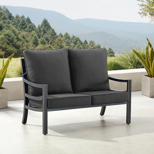 Oakland Living Black Aluminum Patio Deep Seating Outdoor Two Seater Loveseat with Black Cushions