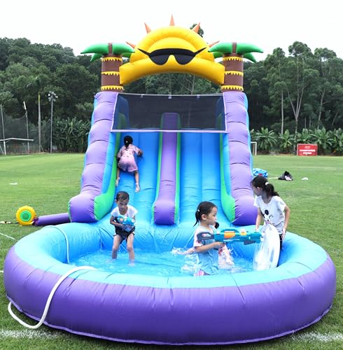 26FT(L) Commercial Water Slide for Adults【Double Water Slides&Giant Splash Pool】, 100% PVC Inflatable Adult Water Slide with 1100W Blower, 0.45mm Heavy Duty Vinyl Backyard Outdoor, 26x12x14ft