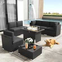KHOLH 8-Piece Outdoor All-Weather Wicker Patio Furniture Set with Fire Pit Table Black