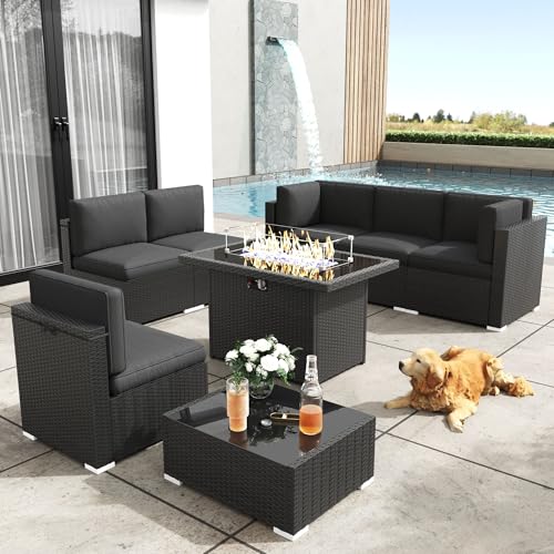 KHOLH 8-Piece Outdoor All-Weather Wicker Patio Furniture Set with Fire Pit Table Black