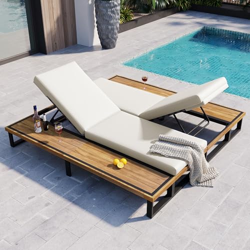 Sleek Outdoor Patio Chaise Lounge Set of 2 with 5-Position Adjustable Backrest and Wood Side Table, All-weather Lounge Chair Reclining with Cushion and Steel Frame for Backyard Poolside (Beige+Wood2)