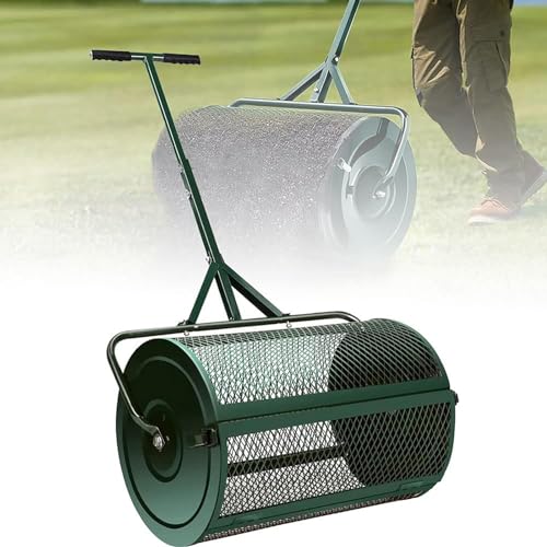 TsoLay 24 Inch Compost Spreader, Peat Moss Seeding Manure Fertiliser Garden Spreader Roller with Adjustable T Shaped Handle and Side Latches, Heavy Duty Metal Mesh Roller, for Lawn and Garden