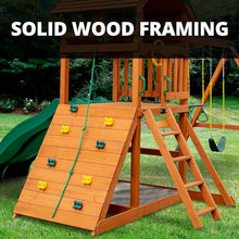 Gorilla Playsets Wood Swing Set with Roof, Climbing Wall, Swings, Grey Slide Amber