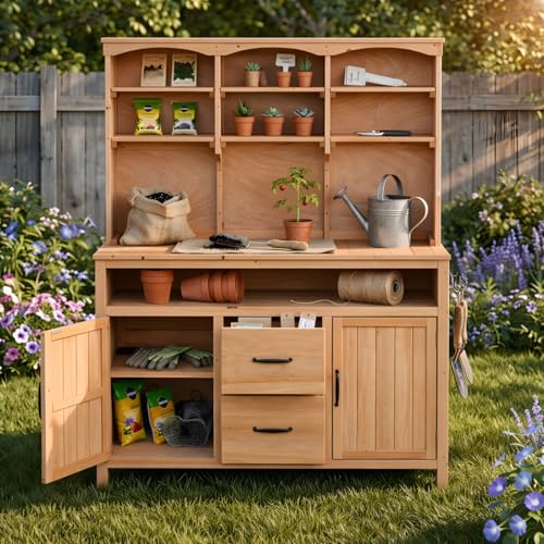 Large Fir Wood Potting Bench with Large Countertop, 45.3''L Multi-Functional Outdoor Patio Kitchen Island with Hutch, Cabinets, Drawers & Hooks (Natural Wood)