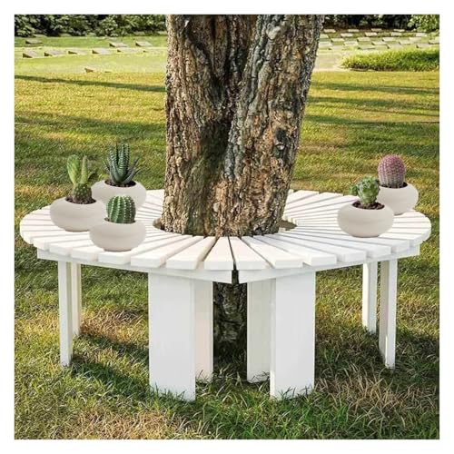 BXKCFYBSQ Round Outdoor Tree Bench,Wooden Seat Wrap Around,Decorative Curved Garden Stool,Easy to Install,Shape Extends Infinitely,Capacity 400KG(White)
