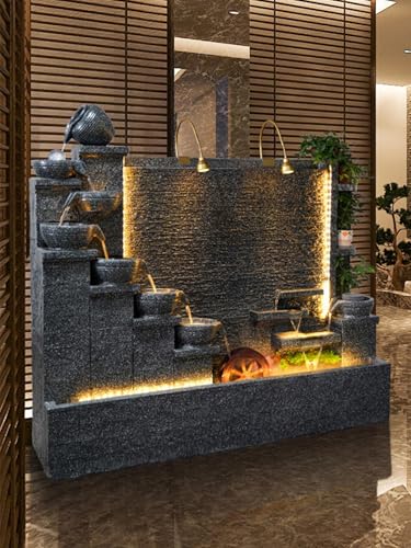 5.3ft Elegant Cement Waterfall Fountain, Indoor/Outdoor, Waterfalls Durable, Weatherproof Home Decor, Garden, Lawn, Lobby, Entryway, LED Lights,Office,Restaurant, Balcony, Dark Gray, Housewarming Gift