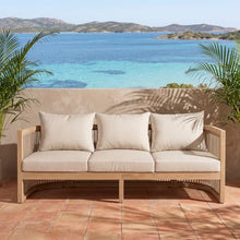 Christopher Knight Home Nadek Acacia Wood Outdoor 3 Seater Sofa with Cusion, Solid Wood Patio Sofa with Woven Rope Accents, Comfy Lounge Sofa for Patio Furniture Set, Light Teak+Beige