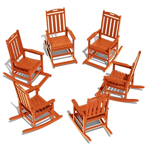 LOUNZY Outdoor Rocking Chair Set of 6 HDPE Patio Porch Rockers 380lbs Support Orange