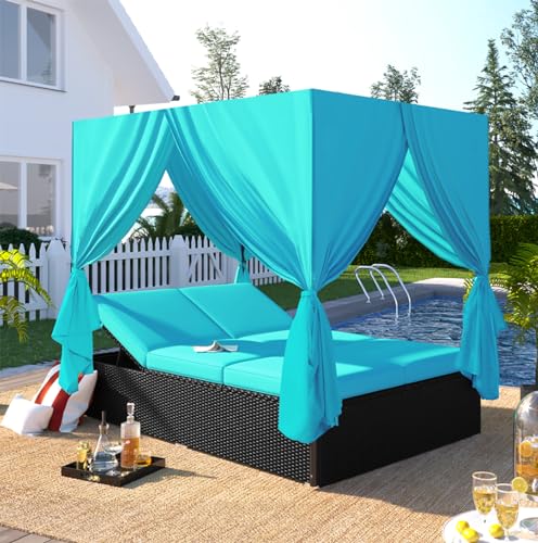 77.2" L Outdoor Patio Wicker Sunbed with Cushions and Curtains, Outdoor Double Padded Daybed with Adjustable Seats, Rattan Conversation Seating Group for Lawn, Poolside, Deck, Blue