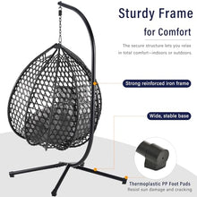 GDFStudio Hammock Chair with Stand, Rattan Weave Hanging Egg Chair with Cushion, Iron Frame Swing Ceiling Chair for Indoor Outdoor Patio Balcony Porch Garden, Patio Furniture, 330lbs, Black+Gray
