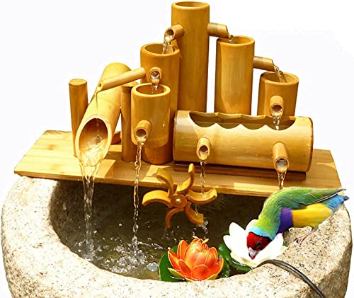 Garden Fountain Bamboo Fountain Decor,Garden Water Feature,with Water Pump,Waterwheel and 3 Lotus,Outdoor Flowing Zen Garden Decor Desktop Fountain Home Decor