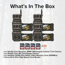 Stealth Cam Revolver 36MP 360-Degree Cellular Trail Camera Bundle with Card Reader and 32GB Memory Card (4-Pack)