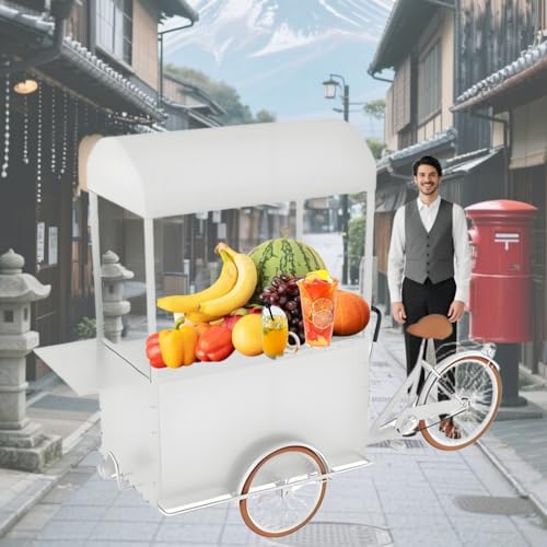 Large Food Bike Cart with Reverse-Facing Seats,Trailer Food Vending Carts with Vending Tricycle, Food Drinks Display Bicycle Cart for Patio Garden, Weddings Party,White