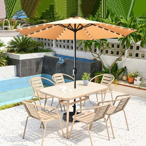 Dalumian Outdoor Garden Furniture Sets, 8-Piece Outdoor Dining Set for 6 with Led, Patio Dining Set with 270CM Umbrella, 6 Chairs & Rectangular Dining Table with Glass Tabletop(Set B)