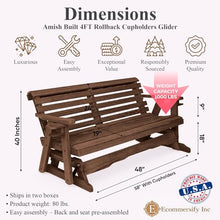 4 FT WALNUT Porch ROLLBACK Glider Cupholders Bench for 2 Person, Amish-Made Pine Wood Patio Glider, Smooth Glide, Balanced Construction, Even Weight Distribution, Relaxed Seating Angle, Made in USA