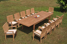 WholesaleTeak 12 Seats 13 Pcs Grade-A Teak Wood Dining Set: 122" Atnas Double Extension Rectangle Table and 12 Wave Stacking Arm Chairs #WHDSWV